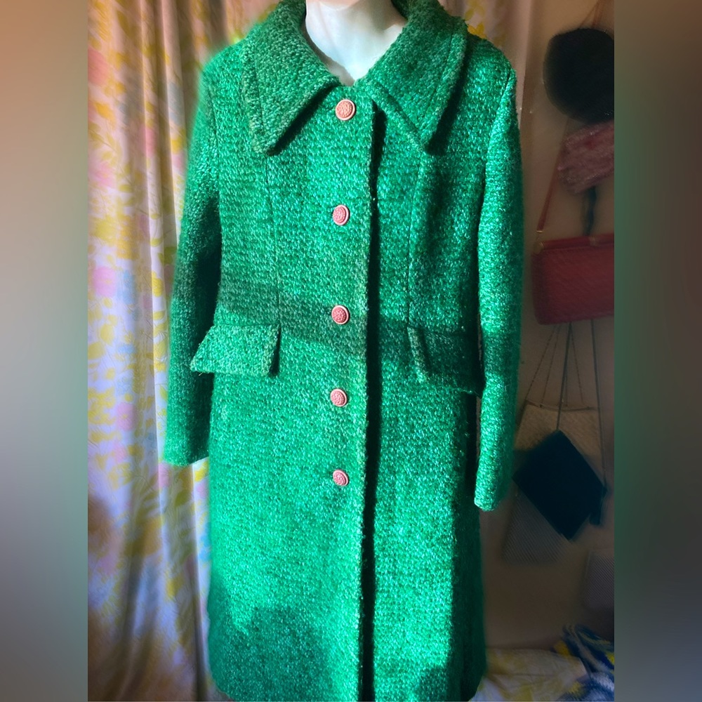 Vintage mod/pea coat boucle tweed wool large collar fully lined coat w/pockets